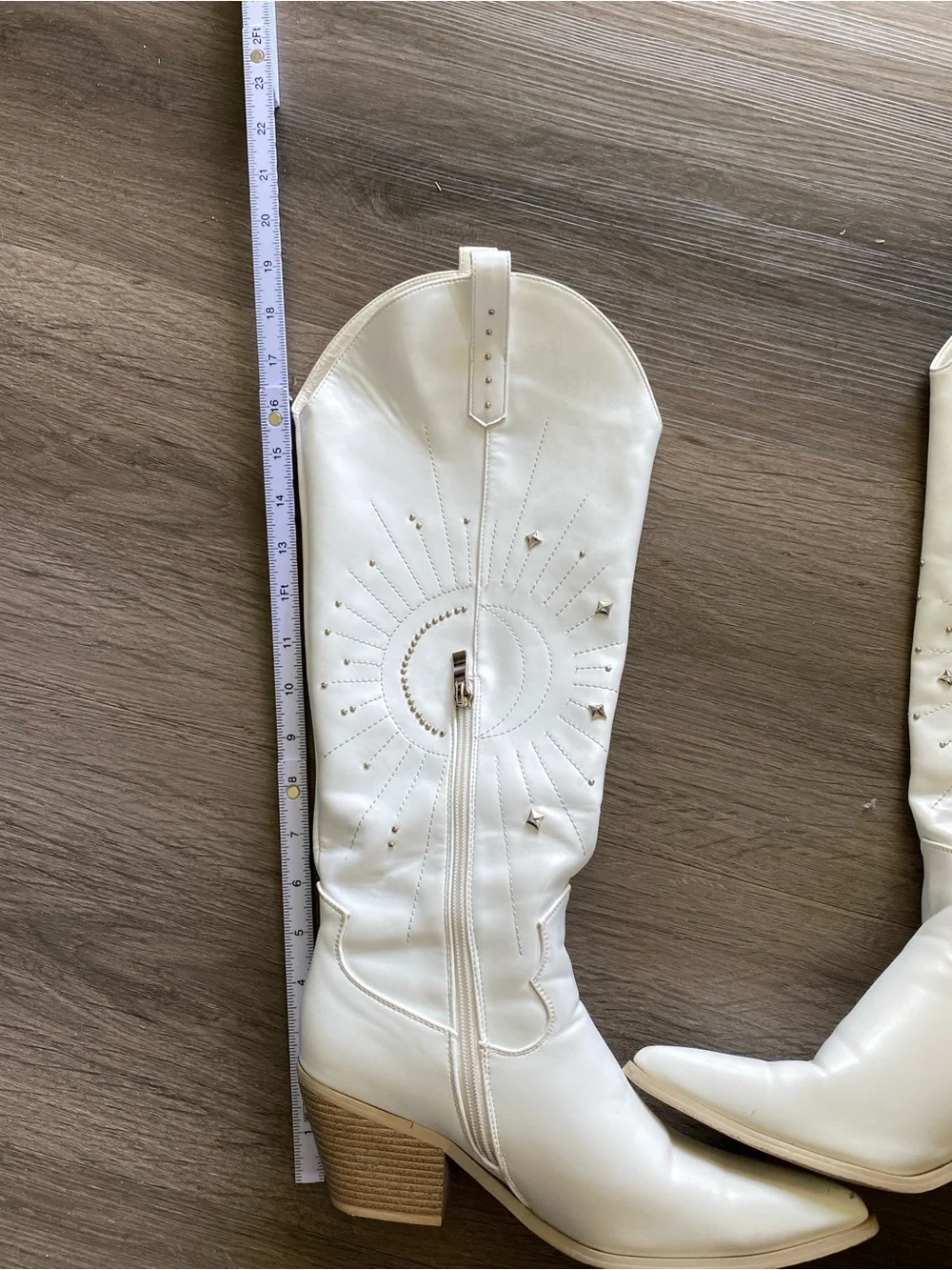 White Western-Inspired Mid-Calf Boots with Sunburst Stitching